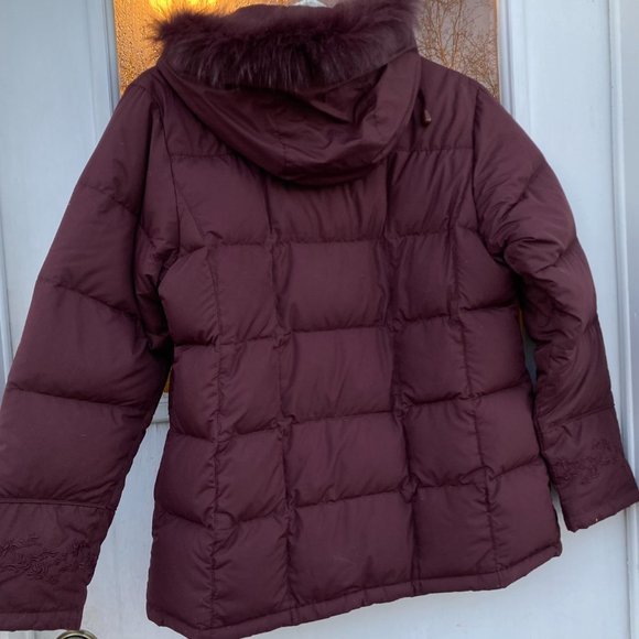 Down Puffer Jacket  Maroon Burgundy Embroidered Coat with Fur Trim - Picture 2 of 15